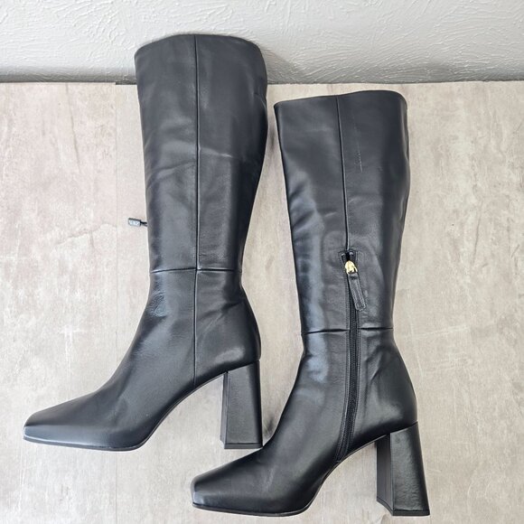 Black Leather Tall Heeled Boots Knee High Block Heel Square Toe Minimalist Chic - Picture 6 of 15